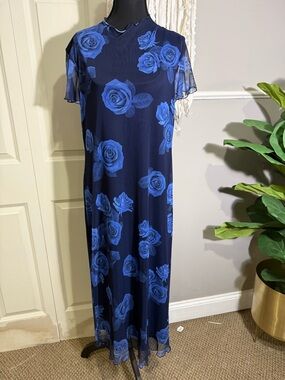 bebe Navy Maxi Dress with Blue Rose Print